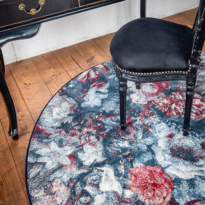 Rond Bloemen vloerkleed - Flores Blauw/Rood