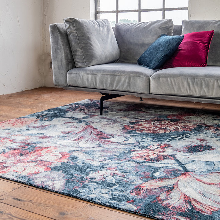 Bloemen vloerkleed - Flores Blauw/Rood