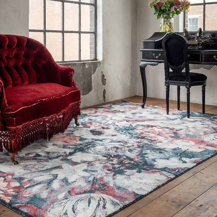 Bloemen vloerkleed - Flores Blauw/Rood