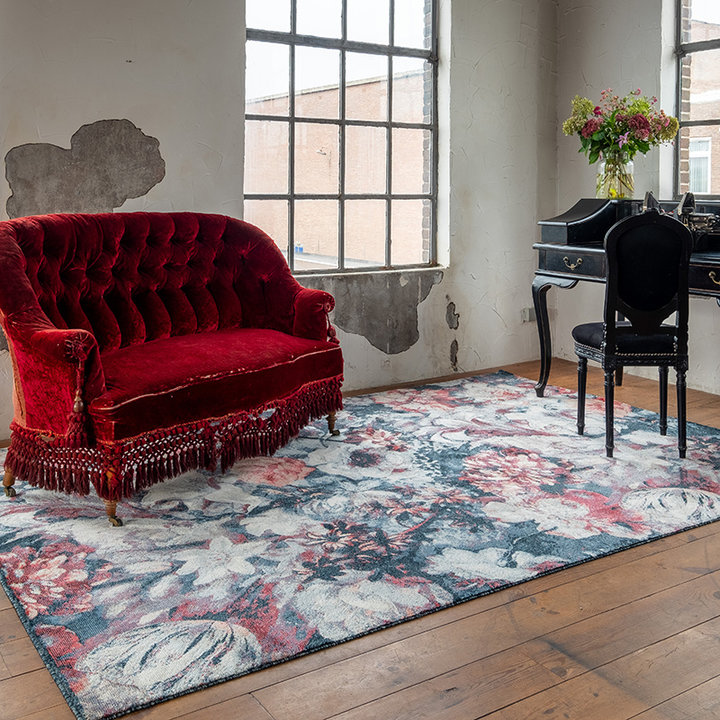 Bloemen vloerkleed - Flores Blauw/Rood