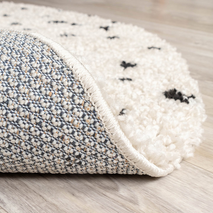 Rond hoogpolig vloerkleed - Grand Dots Creme/Zwart