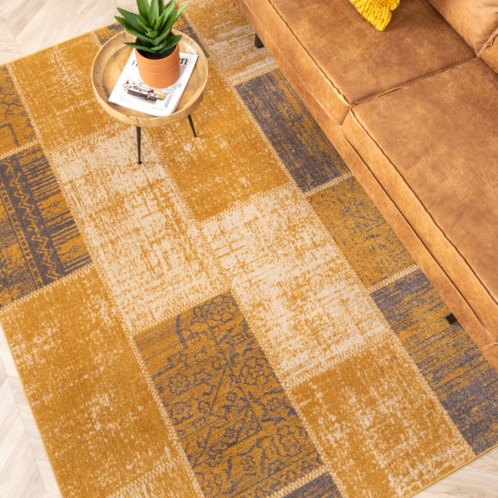 Patchwork vloerkleed - Spring Okergeel/Taupe