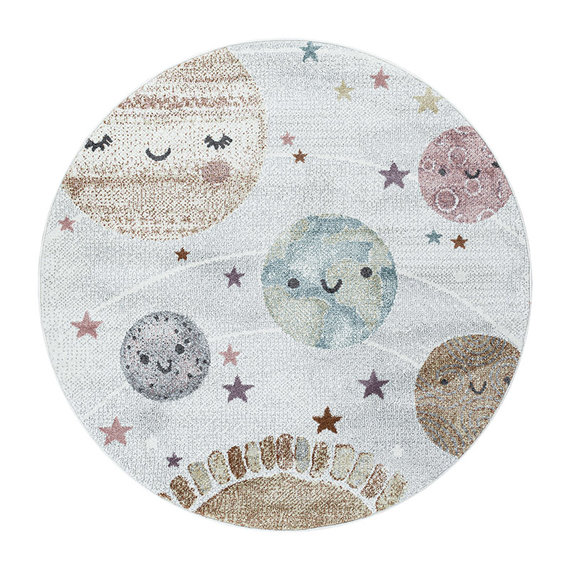 Adana Carpets Rond kindervloerkleed - Fleurtje Planeten Wit
