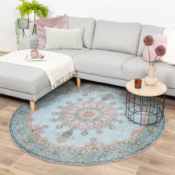 FRAAI Rond vintage vloerkleed - Lily Medaillon Lichtblauw