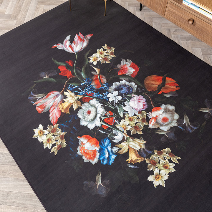 Bloemen vloerkleed - Florine Zwart/Blauw