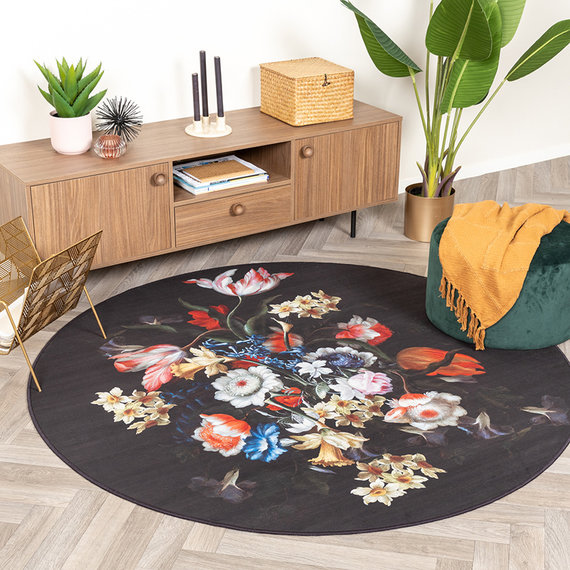 FRAAI Rond bloemen vloerkleed - Florine Zwart Blauw