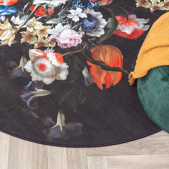 FRAAI Rond bloemen vloerkleed - Florine Zwart Blauw