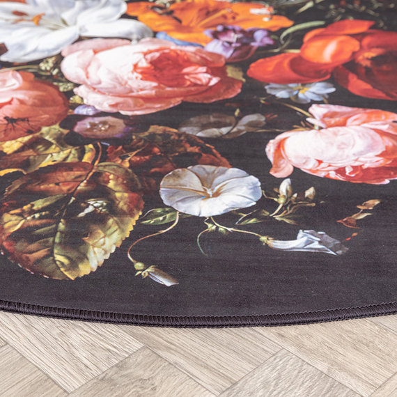 FRAAI Rond bloemen vloerkleed - Florine Zwart Oranje