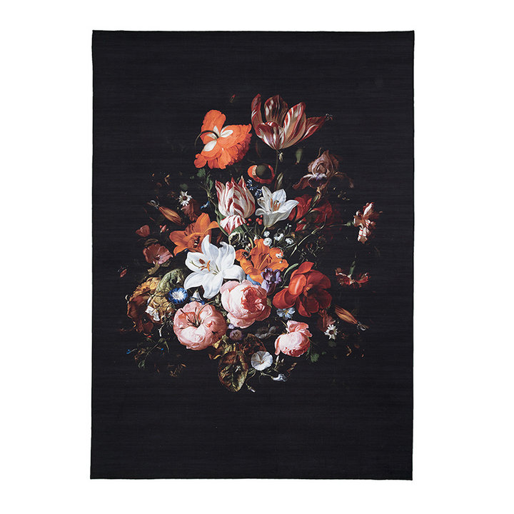 Bloemen vloerkleed - Florine Zwart/Oranje