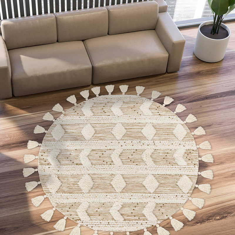 Rond bohemian vloerkleed - Basai Fringe 425 Creme/Groen