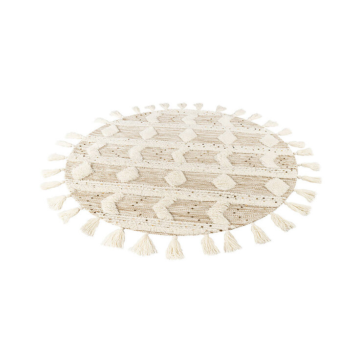 Rond bohemian vloerkleed - Basai Fringe 425 Creme/Groen