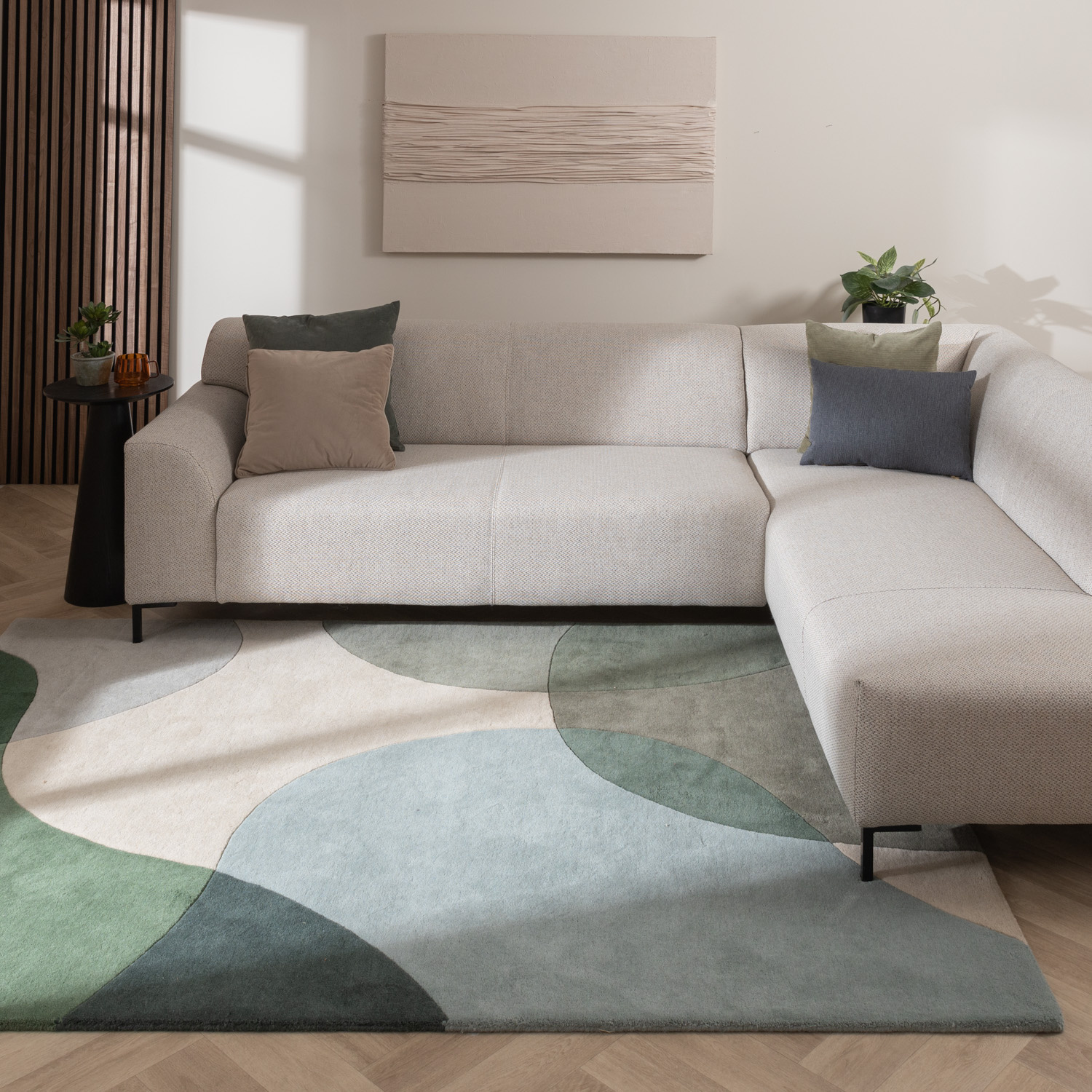 Wollen abstract vloerkleed - Clarice Olijfgroen/Mint