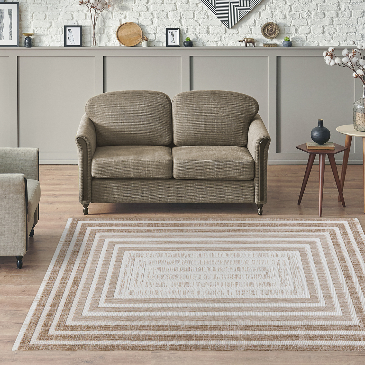 Modern vloerkleed - Sari Borders 125 Bruin/Beige