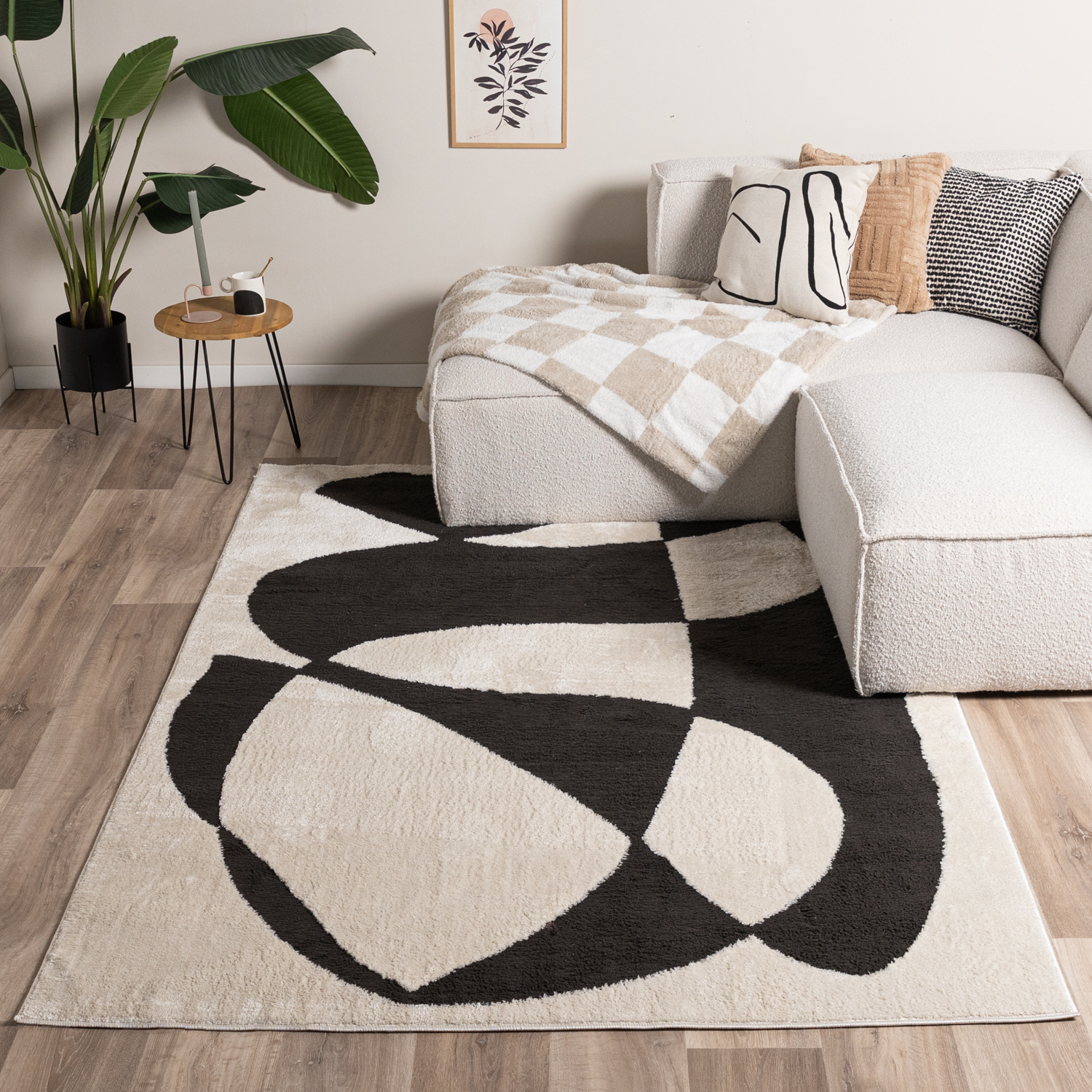 Japandi vloerkleed - Yori Abstract Creme/Zwart