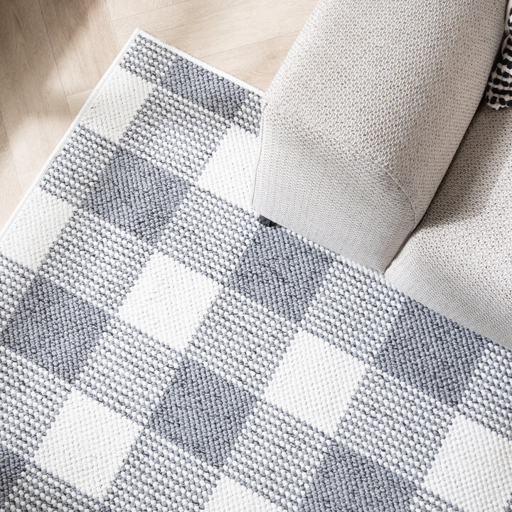 Duurzaam laagpolig vloerkleed - Lykke Checkerboard Grijs/Wit