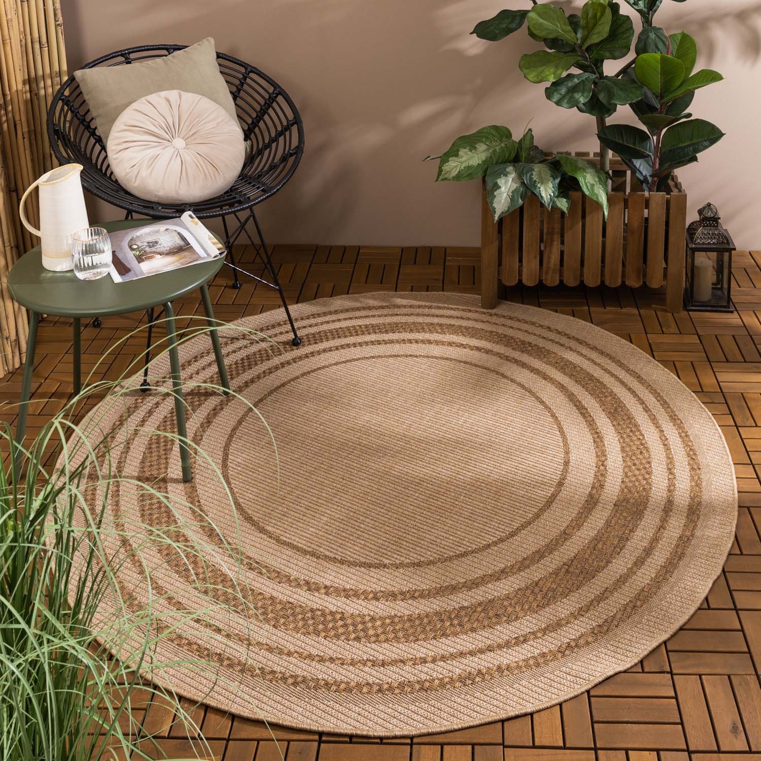 Rond jute buitenkleed - Mavi Border Creme/Bruin