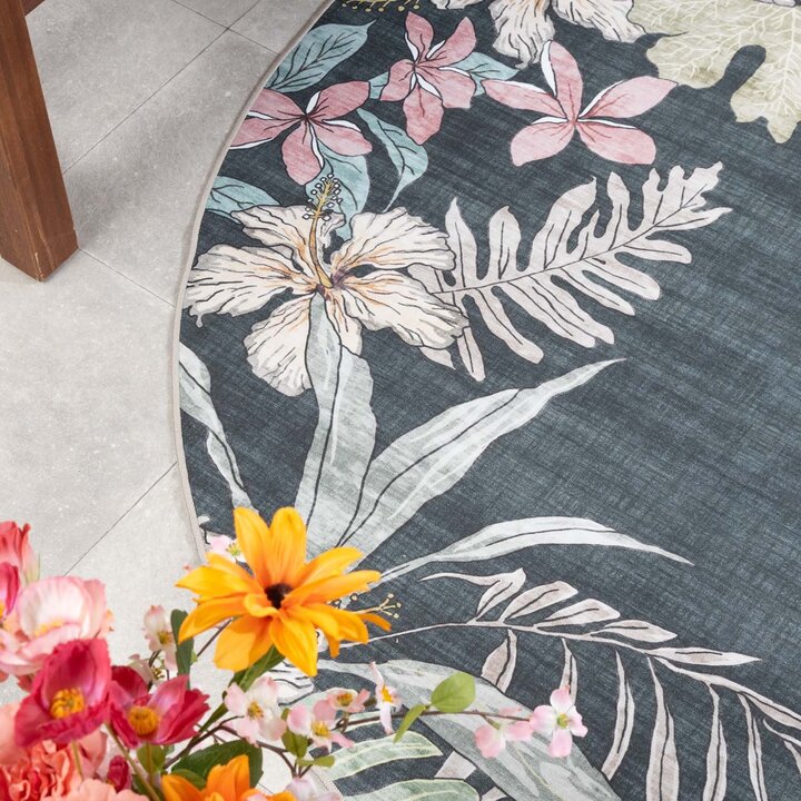 Rond buitenkleed bloemen - Poppy Groen