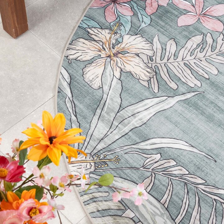 Rond buitenkleed bloemen - Poppy Olijfgroen