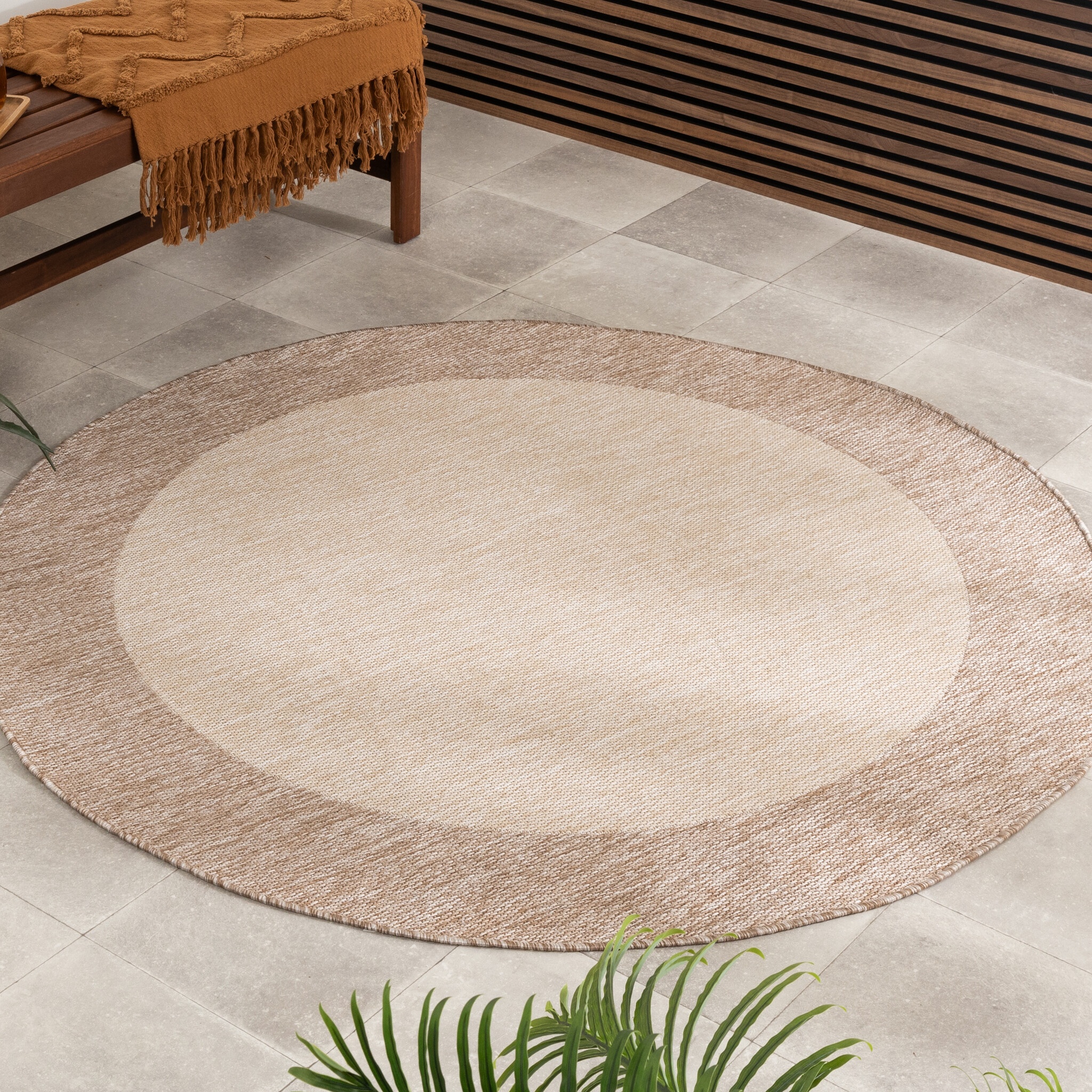 Rond In- & Outdoor vloerkleed - Sierra Border Creme/Beige