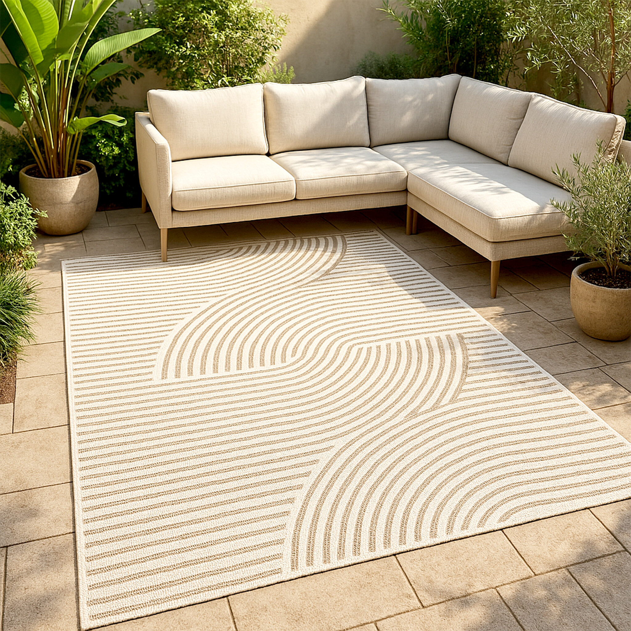 Modern binnen- en buitenkleed - Nori Curves Wit/Taupe