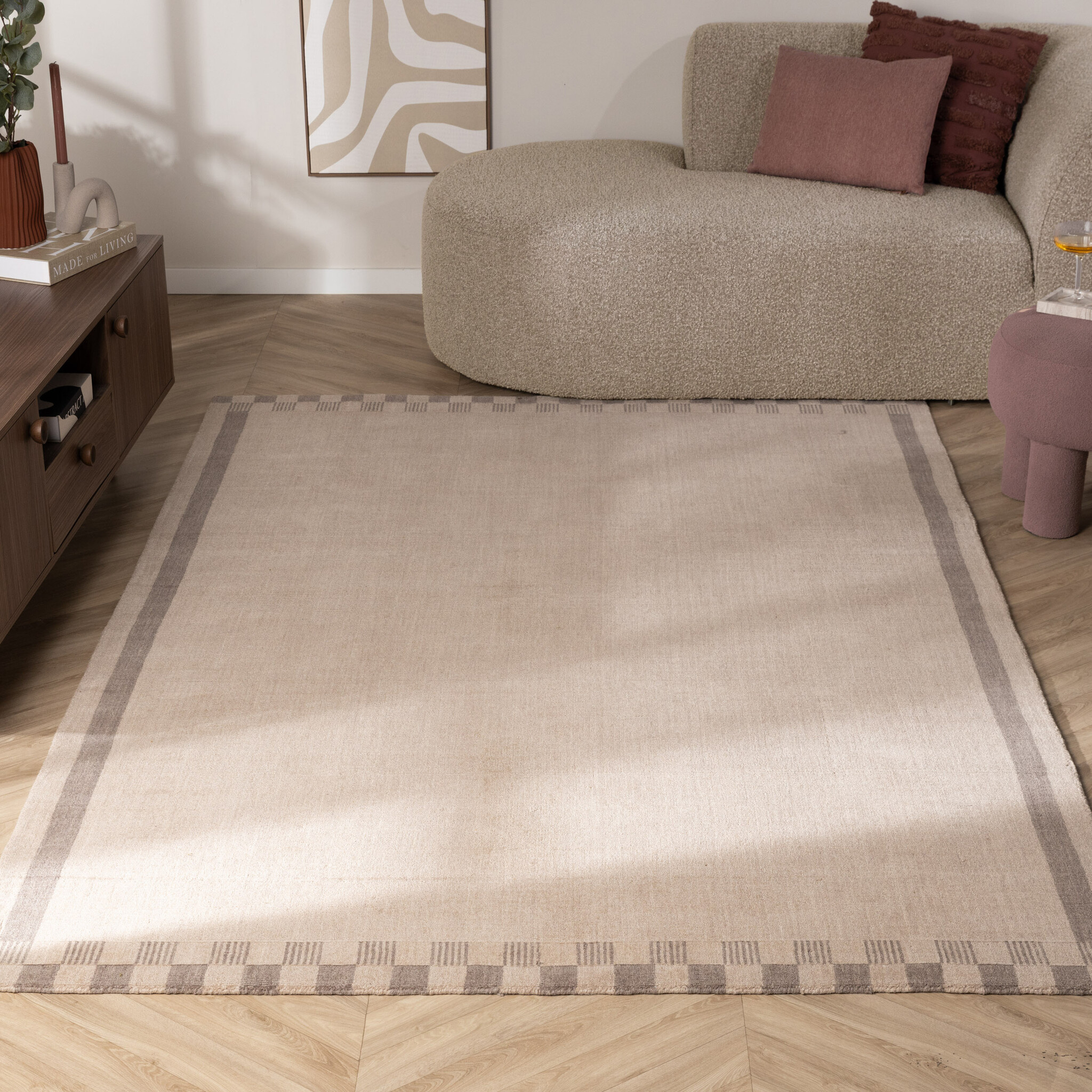 Wollen Vloerkleed - Valencia Border Taupe/Grijs - Vloerkleden - Slaapkamer Vloerkleed - Vloerkleed Onder Bed - Fraai - 100% Wol