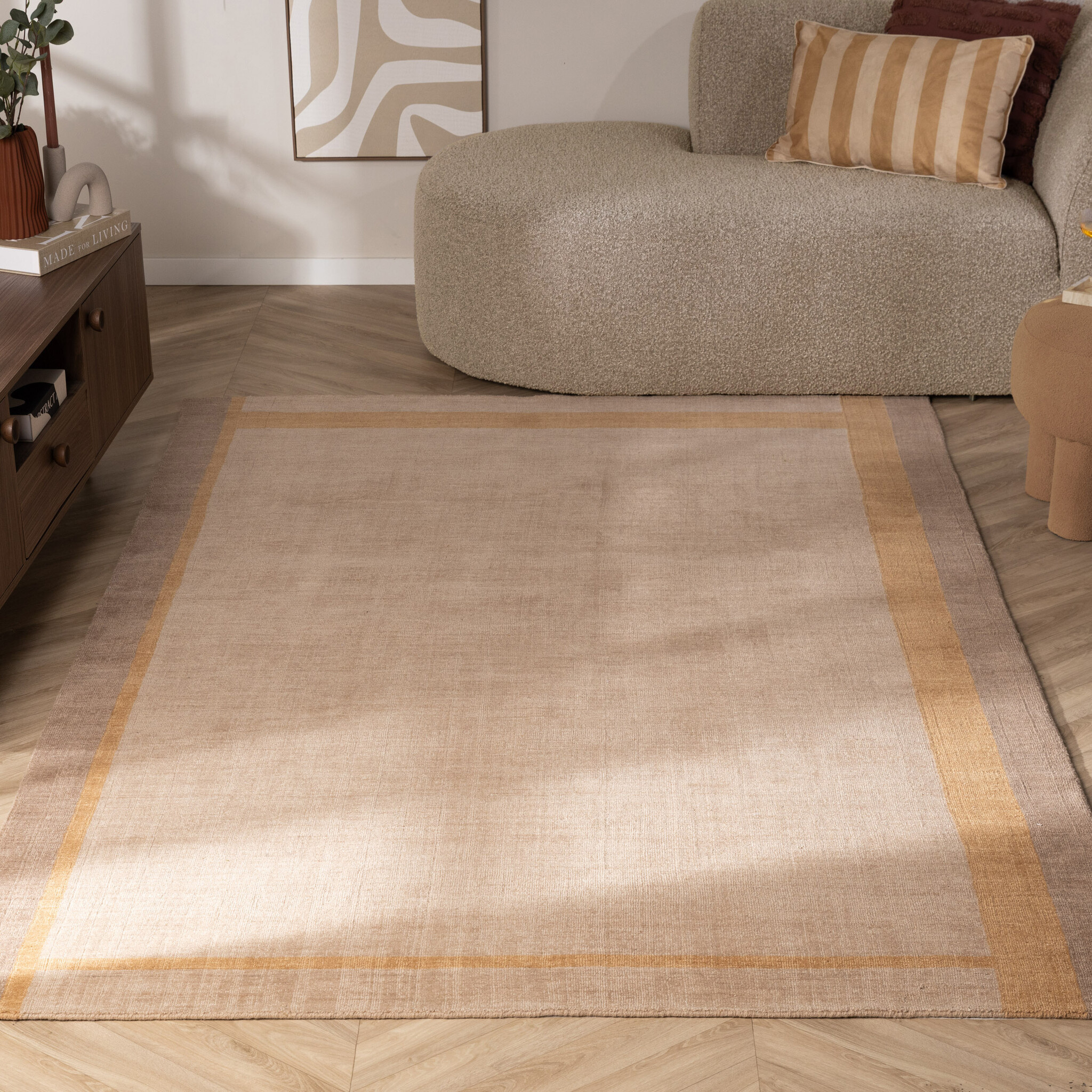Wollen Vloerkleed - Valencia Border Taupe/Geel - Vloerkleden - Slaapkamer Vloerkleed - Vloerkleed Onder Bed - Fraai - 100% Wol