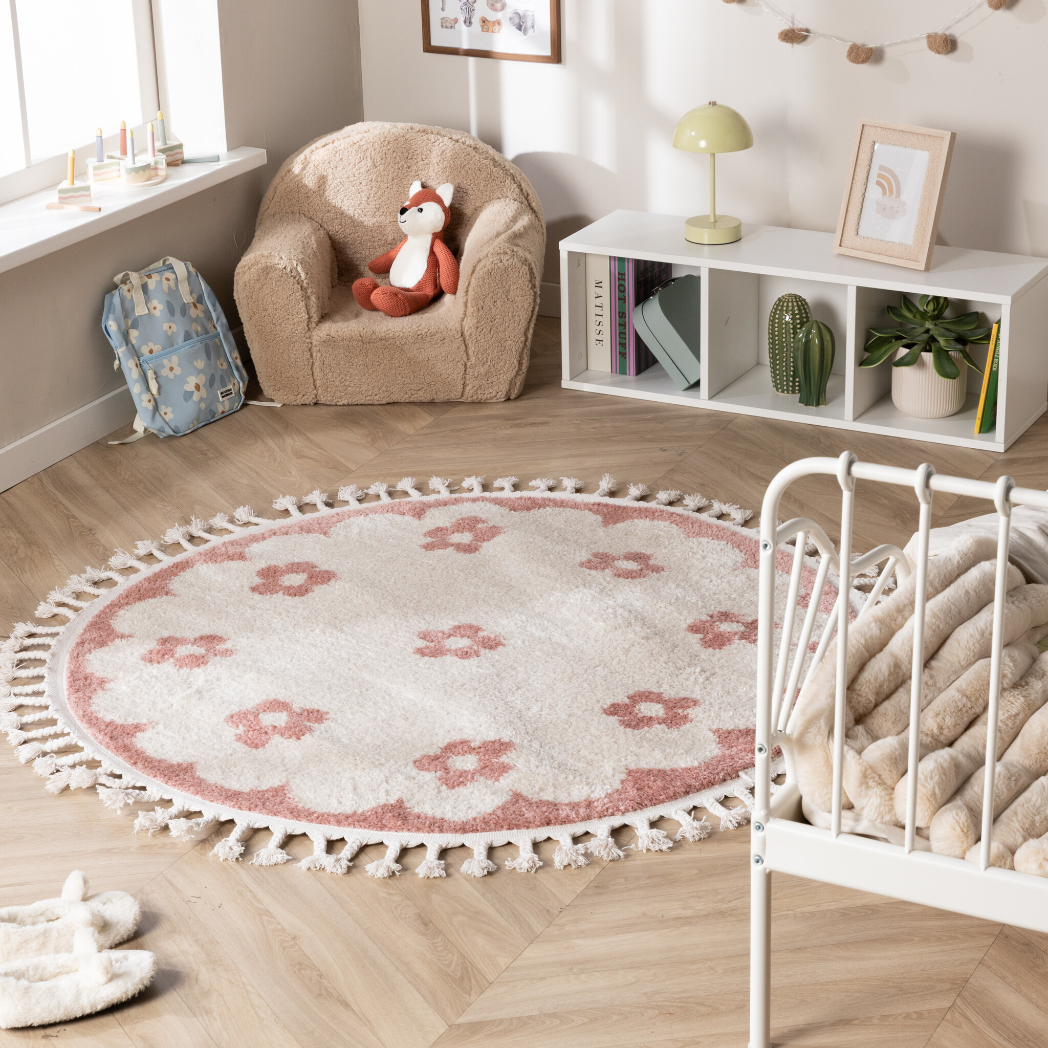 Rond wasbaar kindervloerkleed - Moos Flower Roze