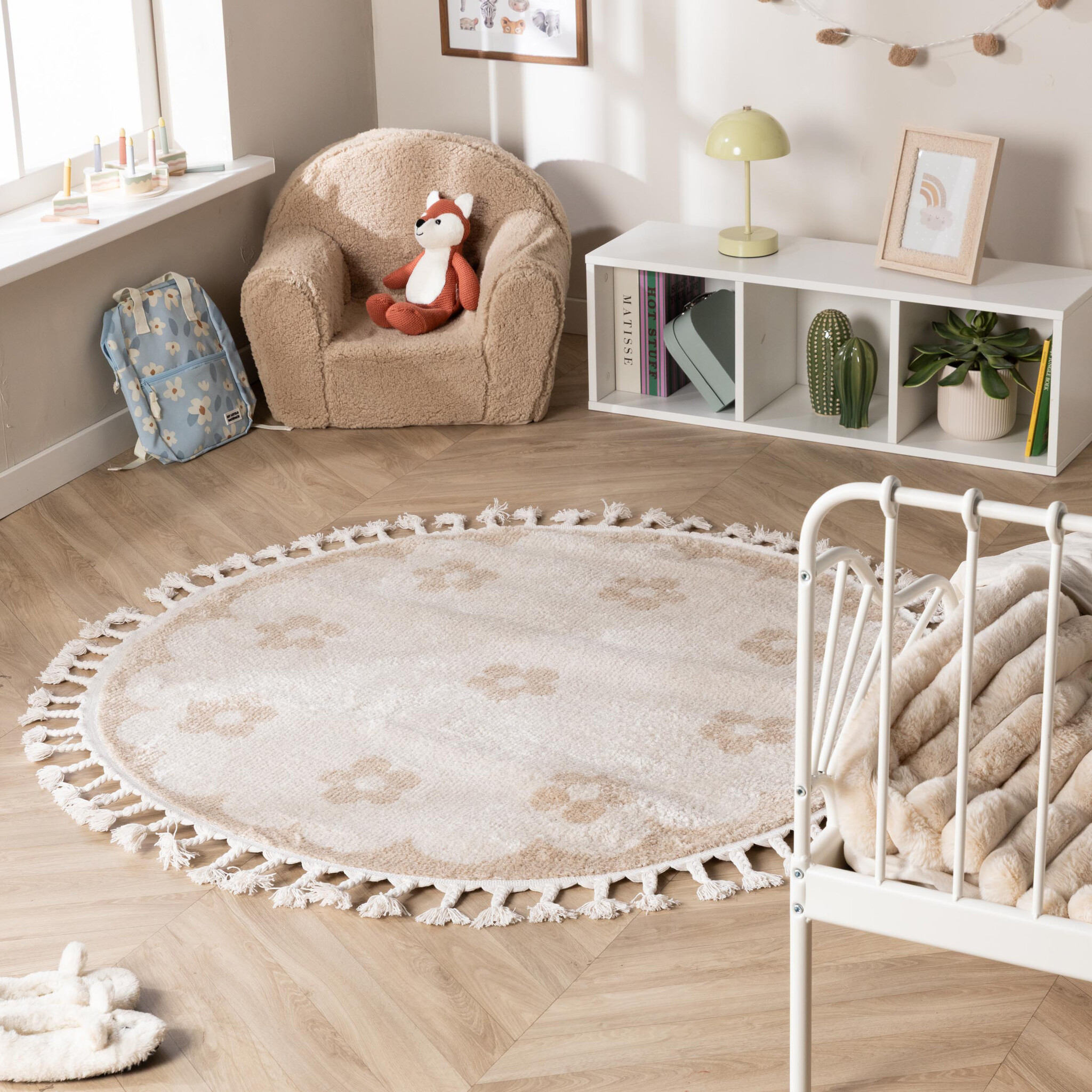 Rond wasbaar kindervloerkleed - Moos Flower Creme
