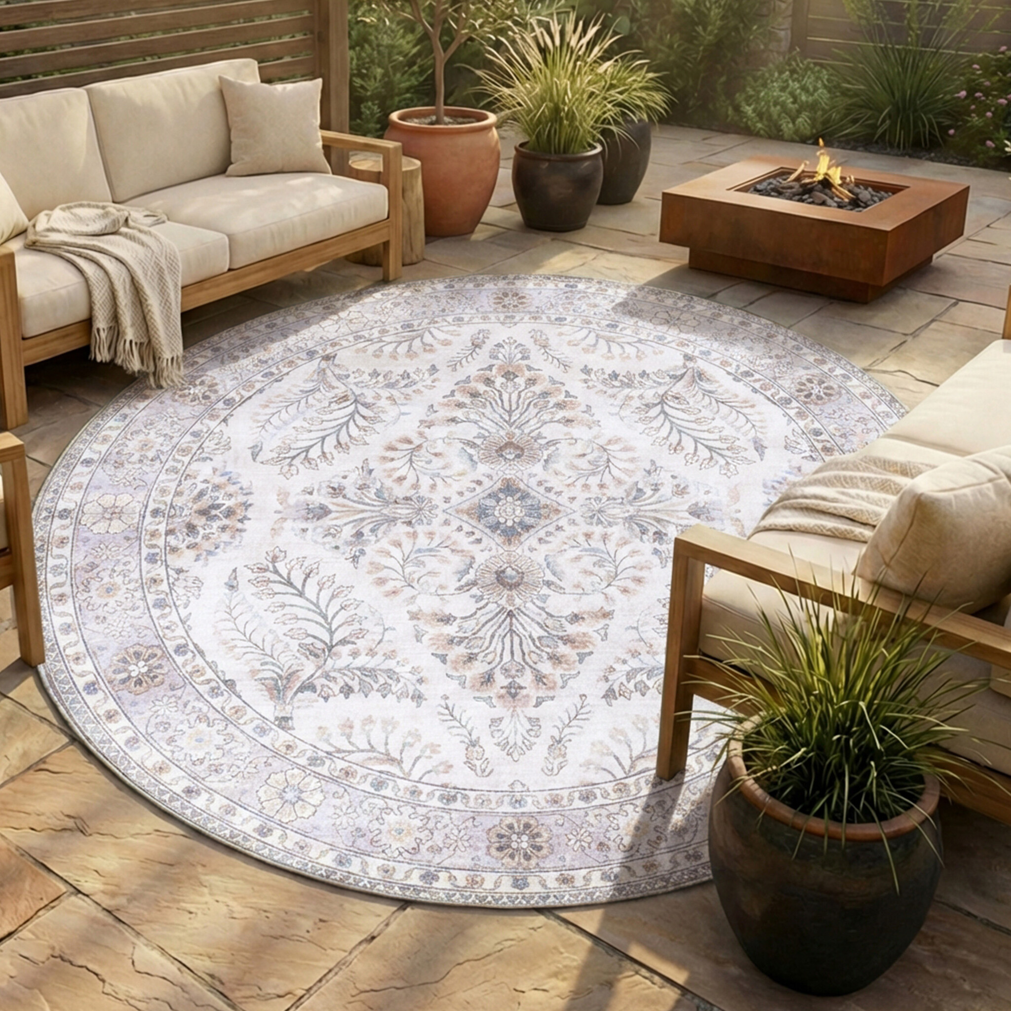 Rond vintage buitenkleed - Santo Flora Wit