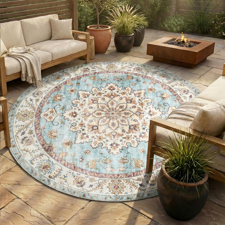 Rond vintage buitenkleed - Santo Medaillon Lichtblauw