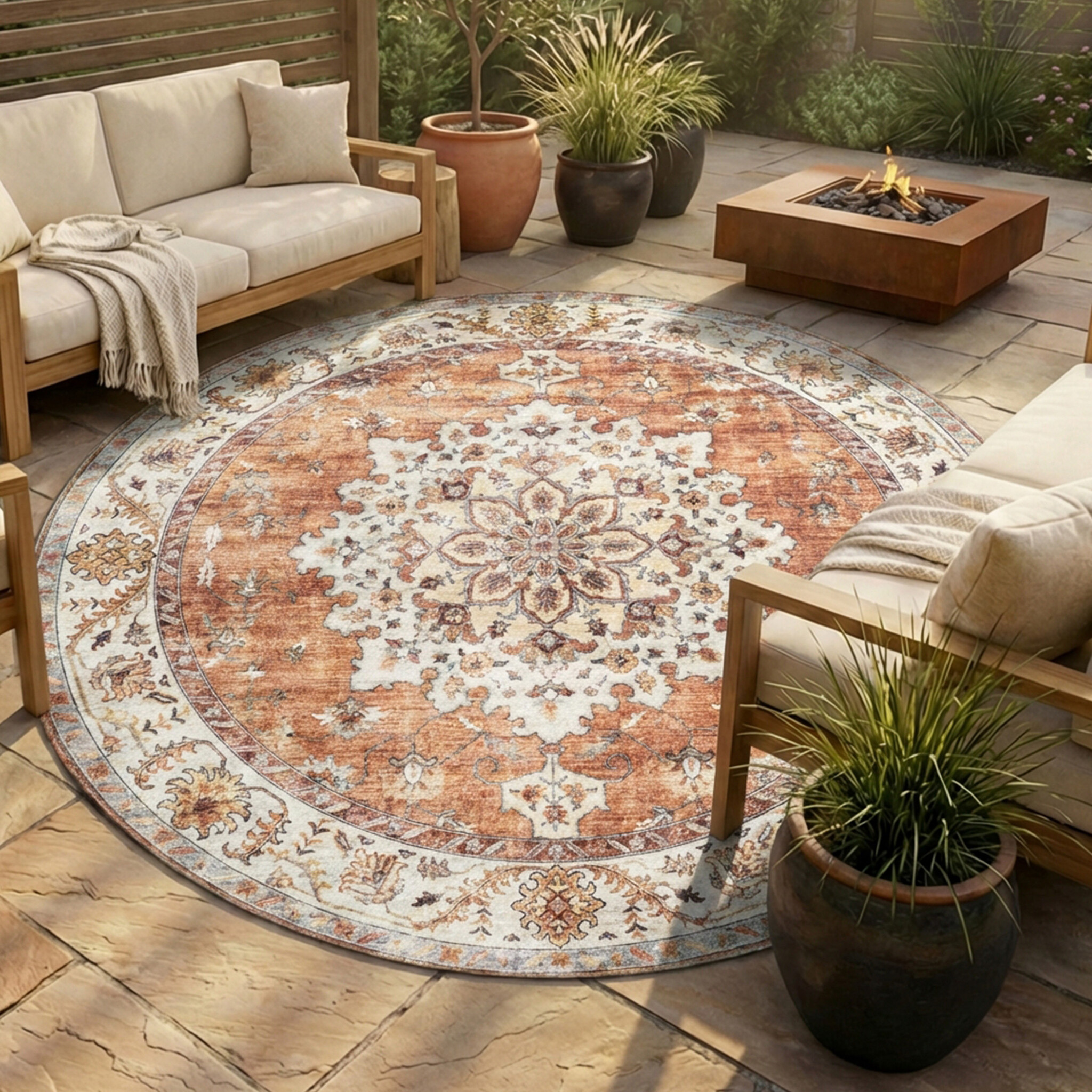 Rond vintage buitenkleed - Santo Medaillon Terra