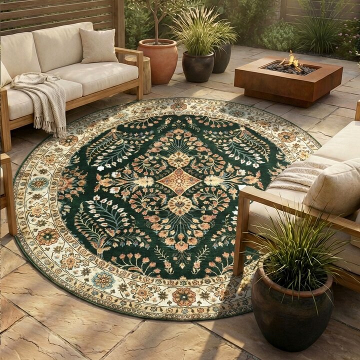 Rond vintage buitenkleed - Santo Flora Donkergroen 