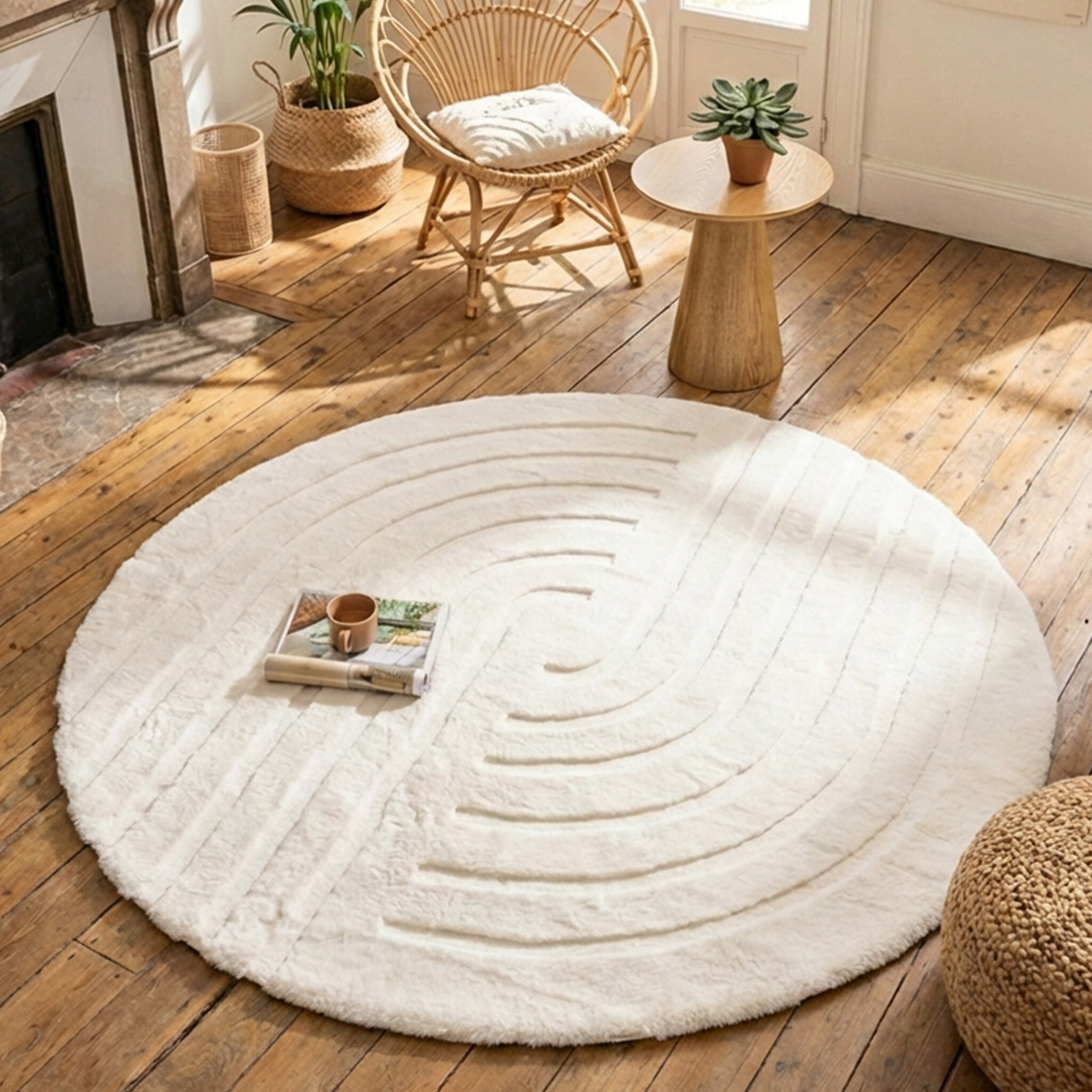 Rond hoogpolig vloerkleed - Carvy Curves Crème