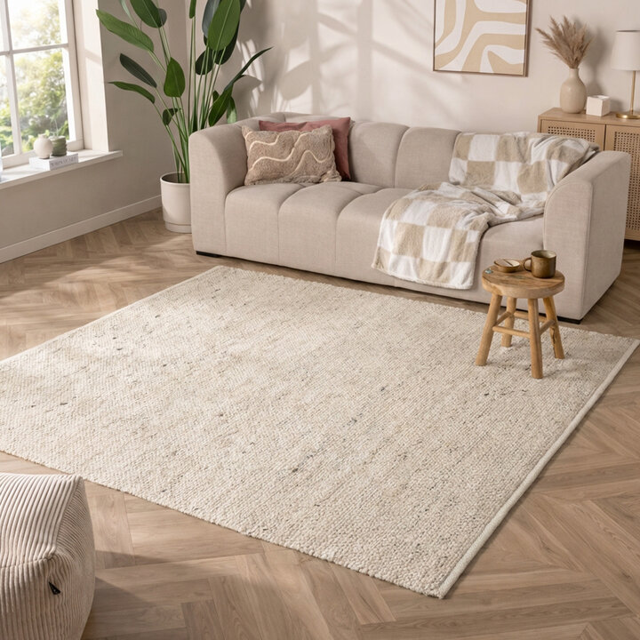 Vierkant wollen vloerkleed - Feline Wit/Gemeleerd