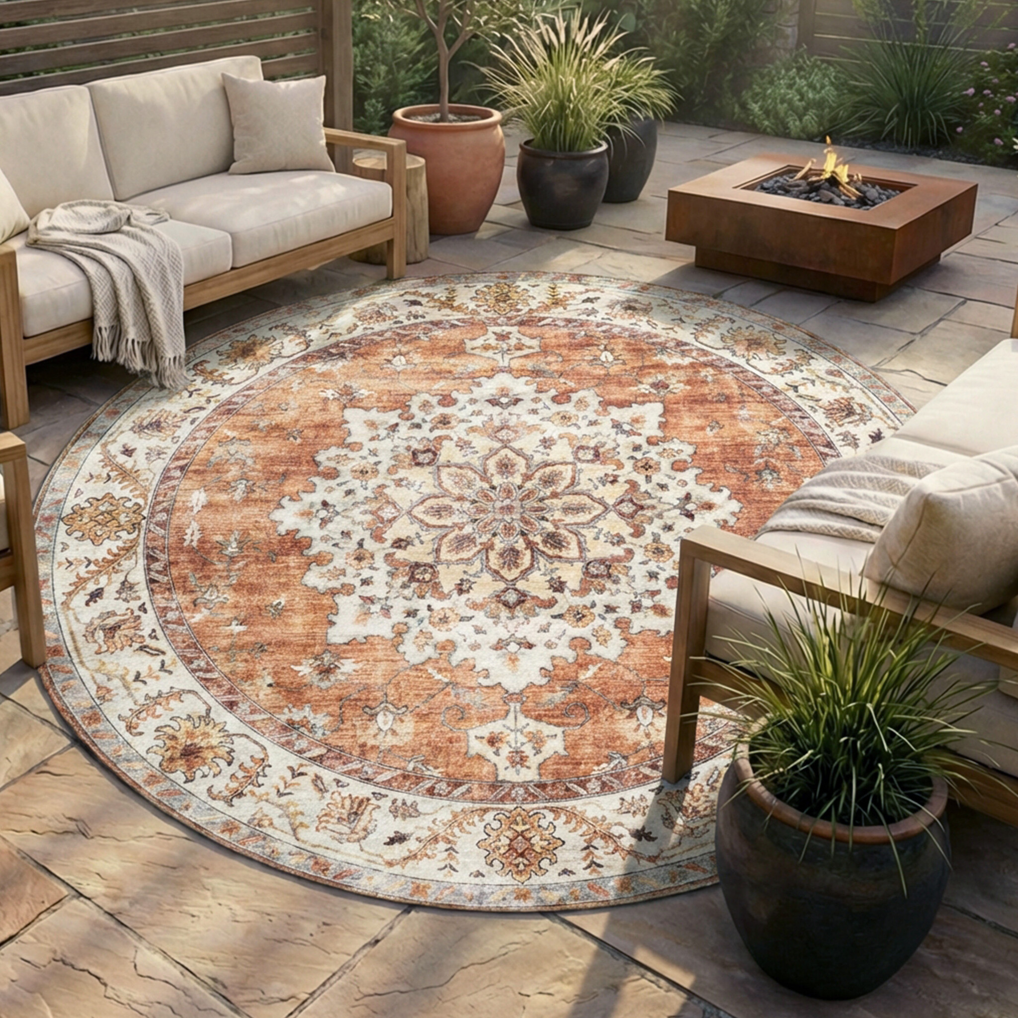 Rond vintage buitenkleed - Santo Medaillon Terra