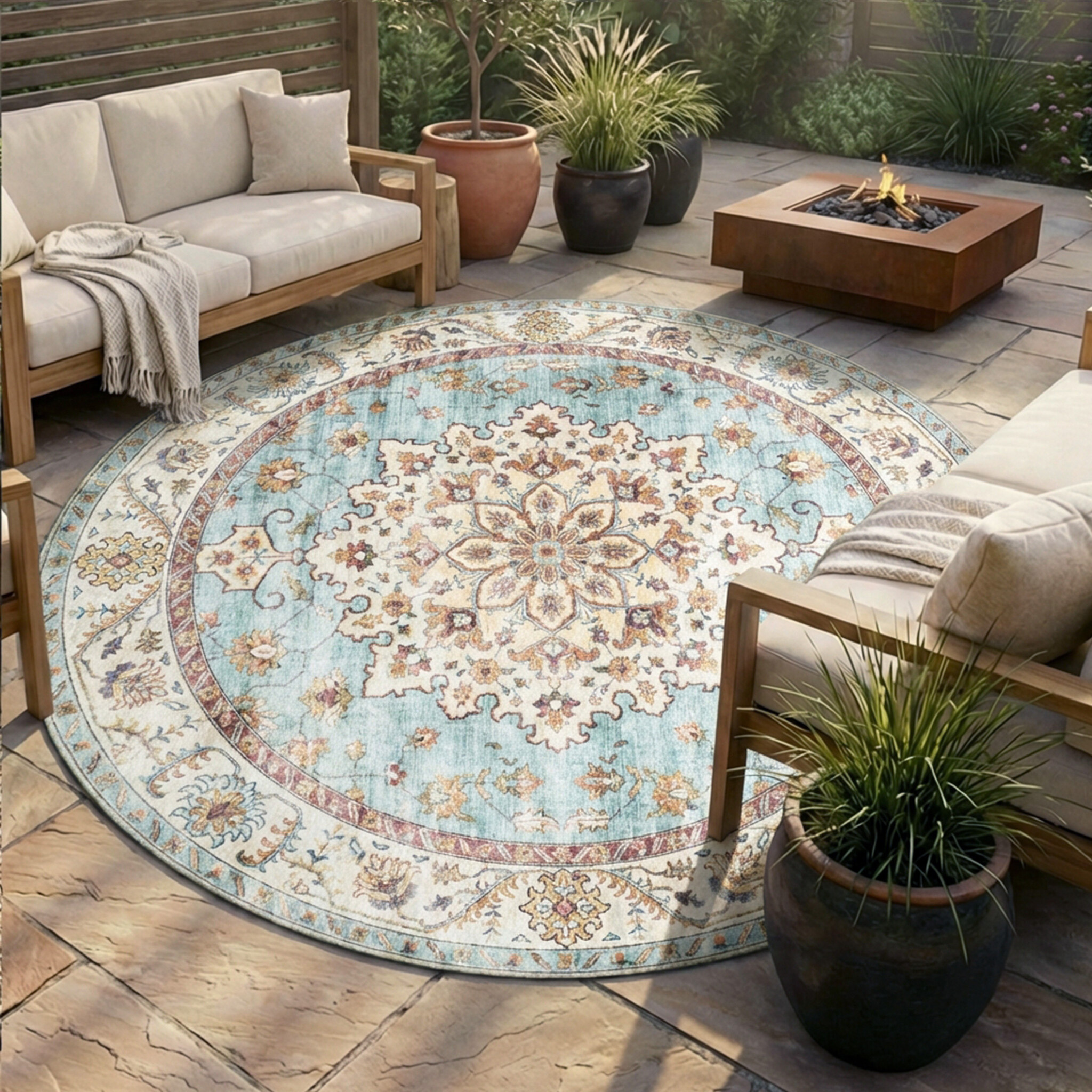 Rond vintage buitenkleed - Santo Medaillon Lichtblauw