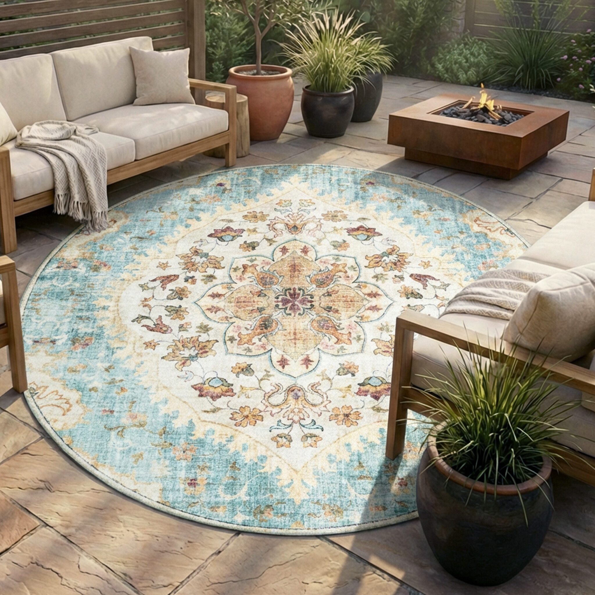 Rond vintage buitenkleed - Santo Mandala Lichtblauw