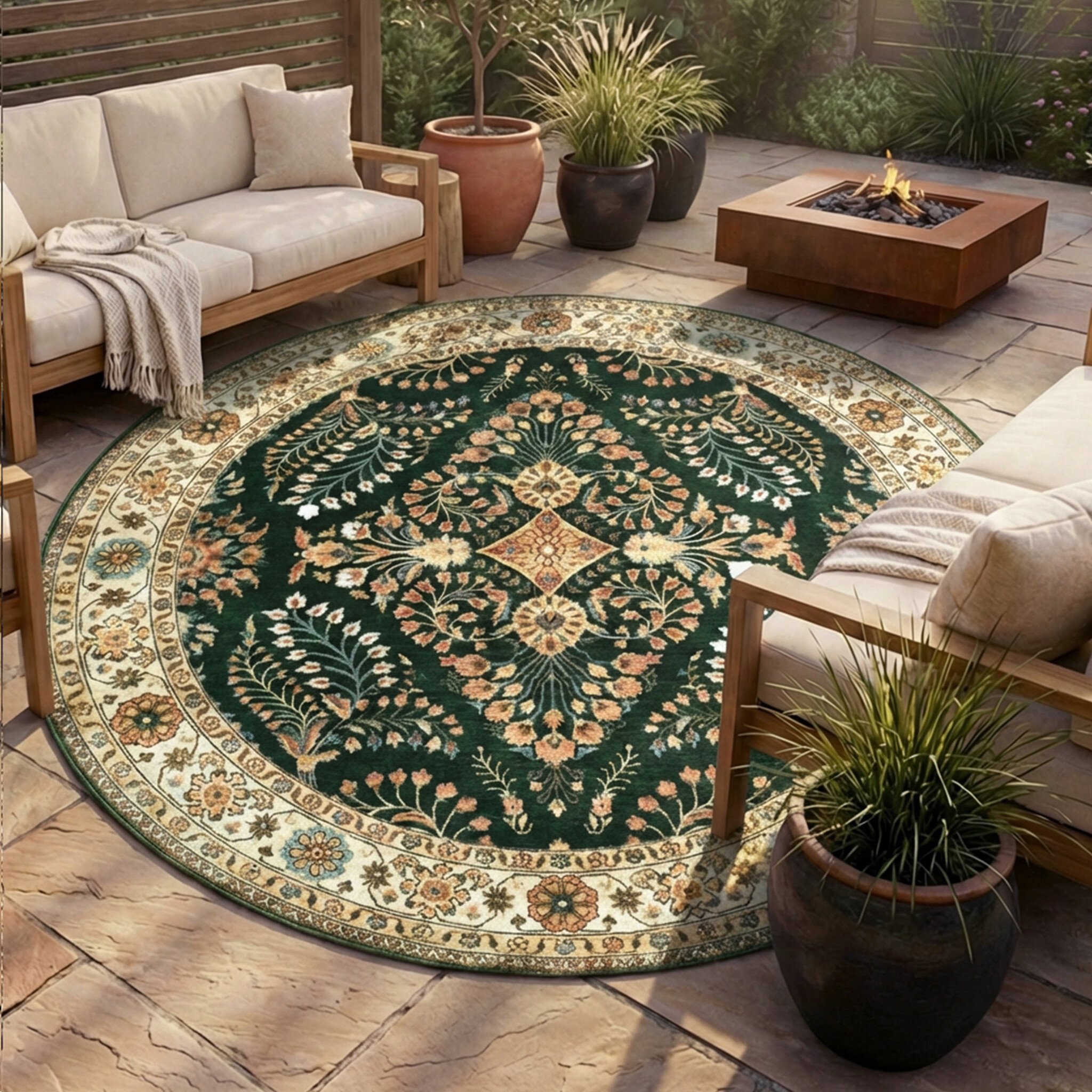 Rond vintage buitenkleed - Santo Flora Donkergroen