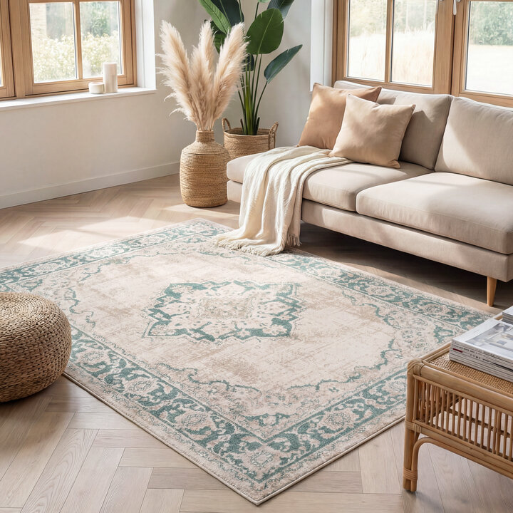 Vintage vloerkleed - Spring Medaillon Creme/Groen