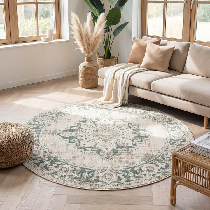 Rond vintage vloerkleed - Spring Medaillon Creme/Groen