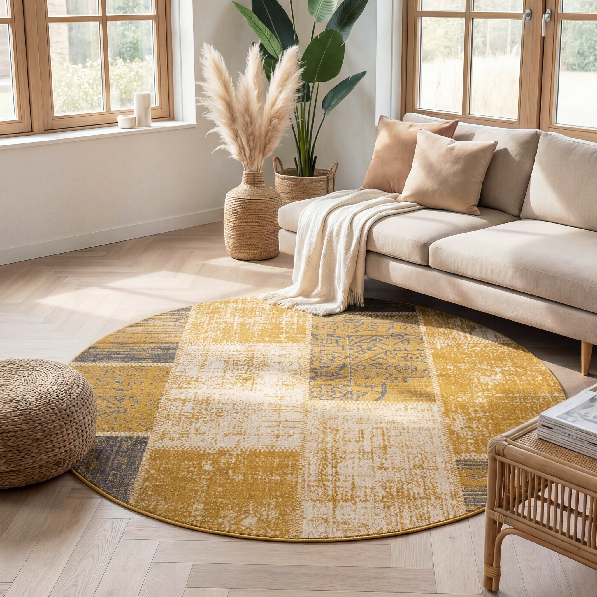 Rond patchwork vloerkleed - Spring Okergeel/Taupe