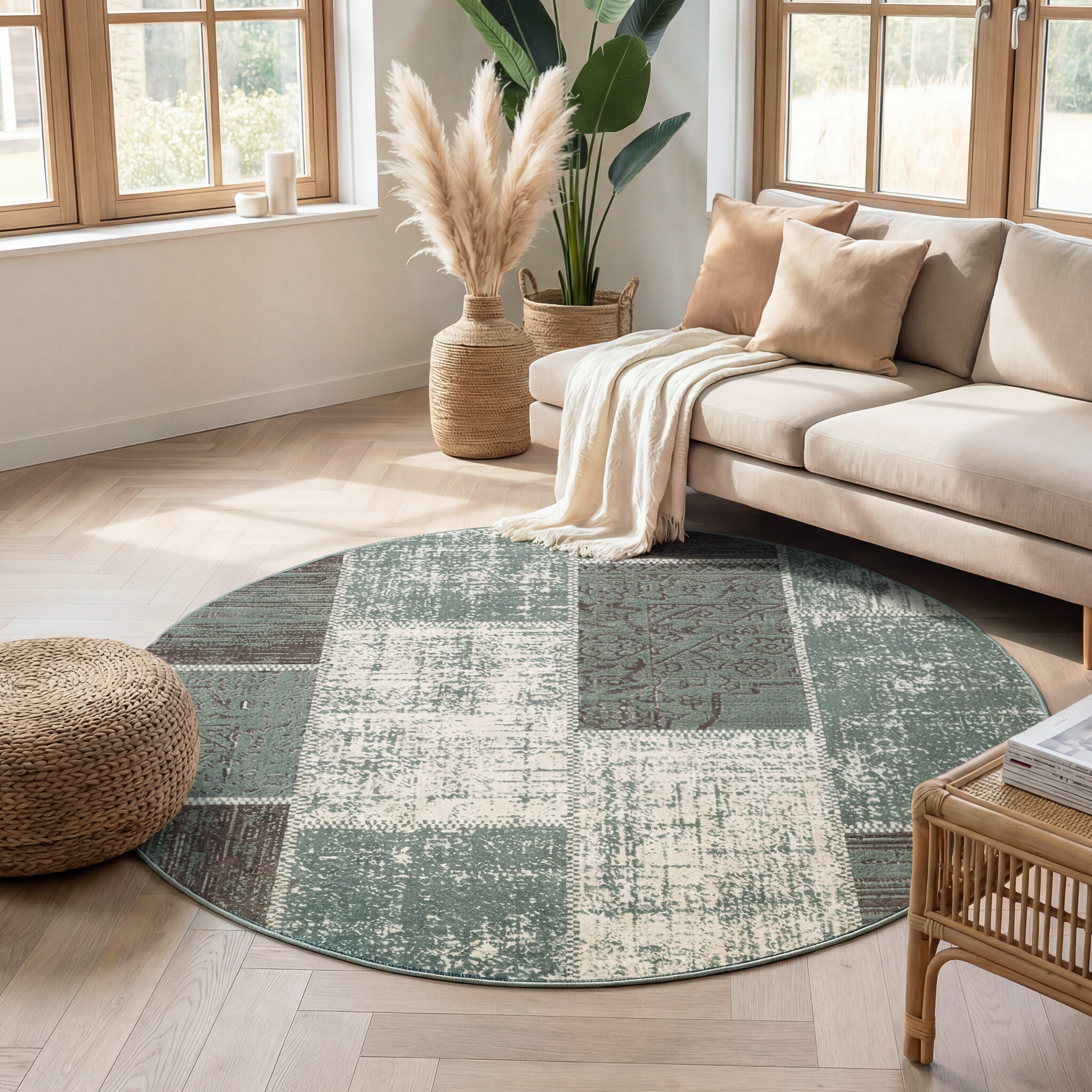 Rond patchwork vloerkleed - Spring Groen/Grijs