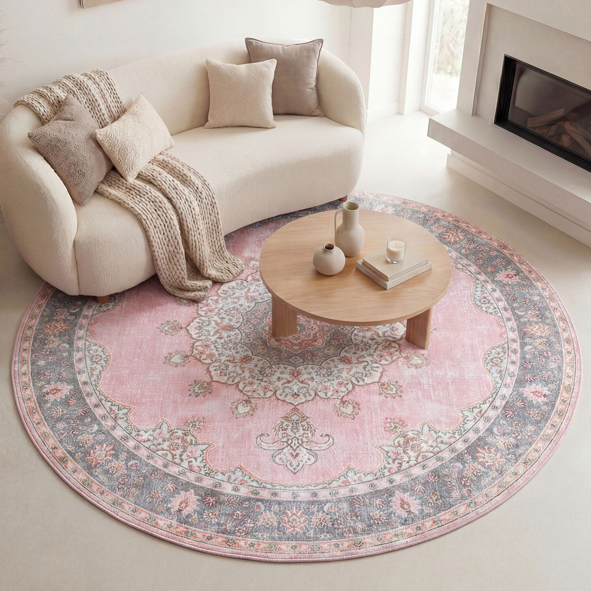 Rond vintage vloerkleed - Lily Medaillon Roze