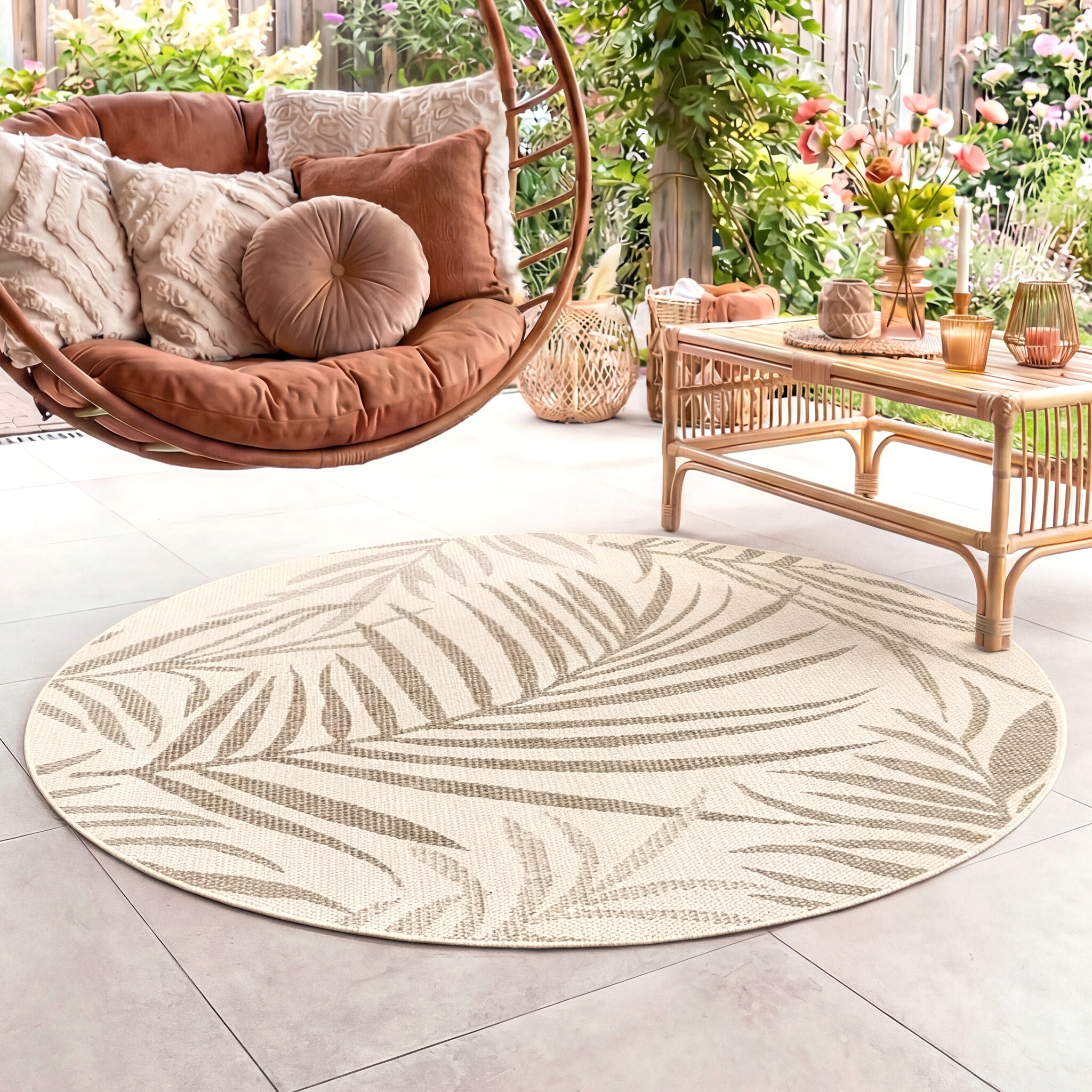 Rond jute buitenkleed - Nomad Leaves Creme