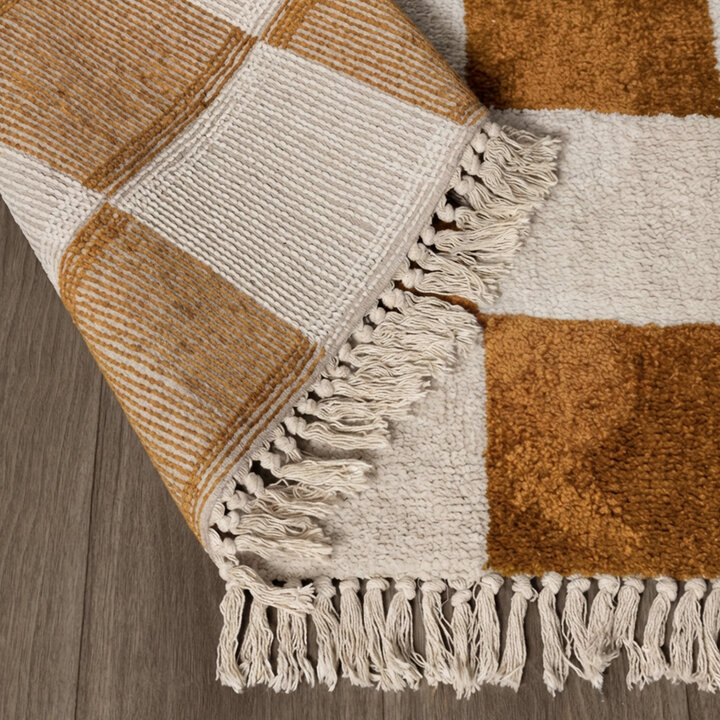 Checkerboard vloerkleed - Blox Fringe Okergeel