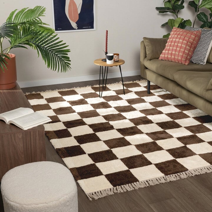 Checkerboard vloerkleed - Blox Fringe Bruin