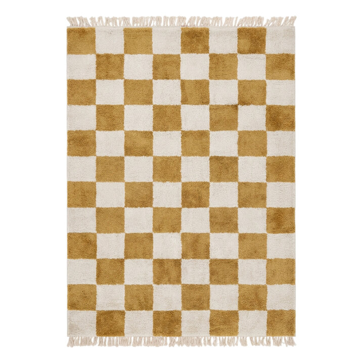 Checkerboard vloerkleed - Blox Fringe Okergeel
