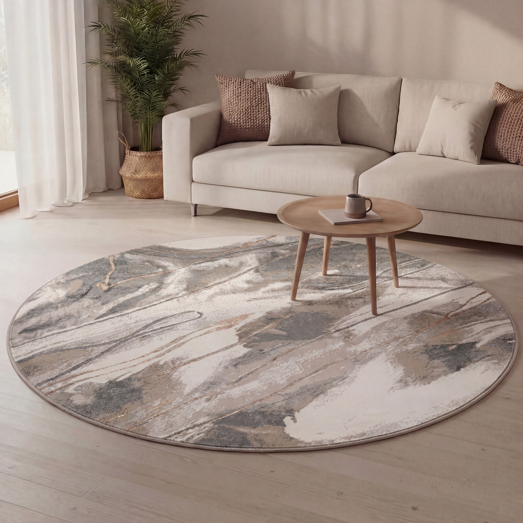 Rond wasbaar vloerkleed - Misha Lines Creme/Grijs