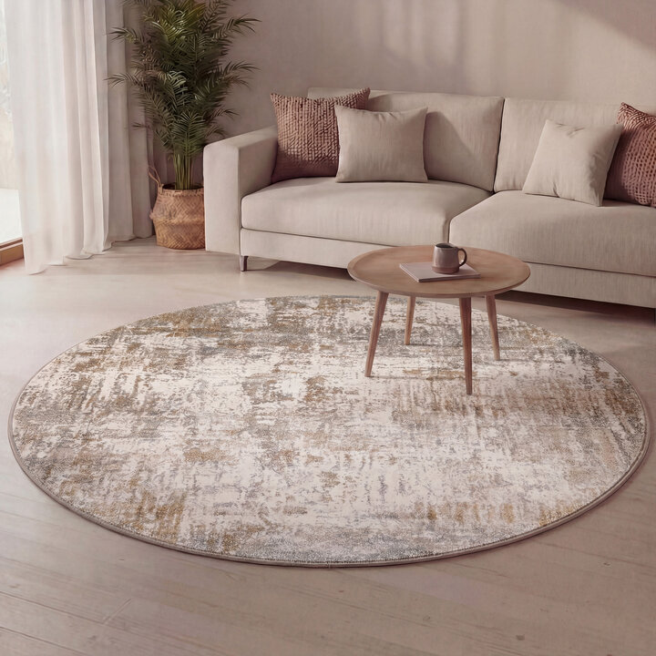Rond wasbaar vloerkleed - Misha Grunge Creme/Bruin