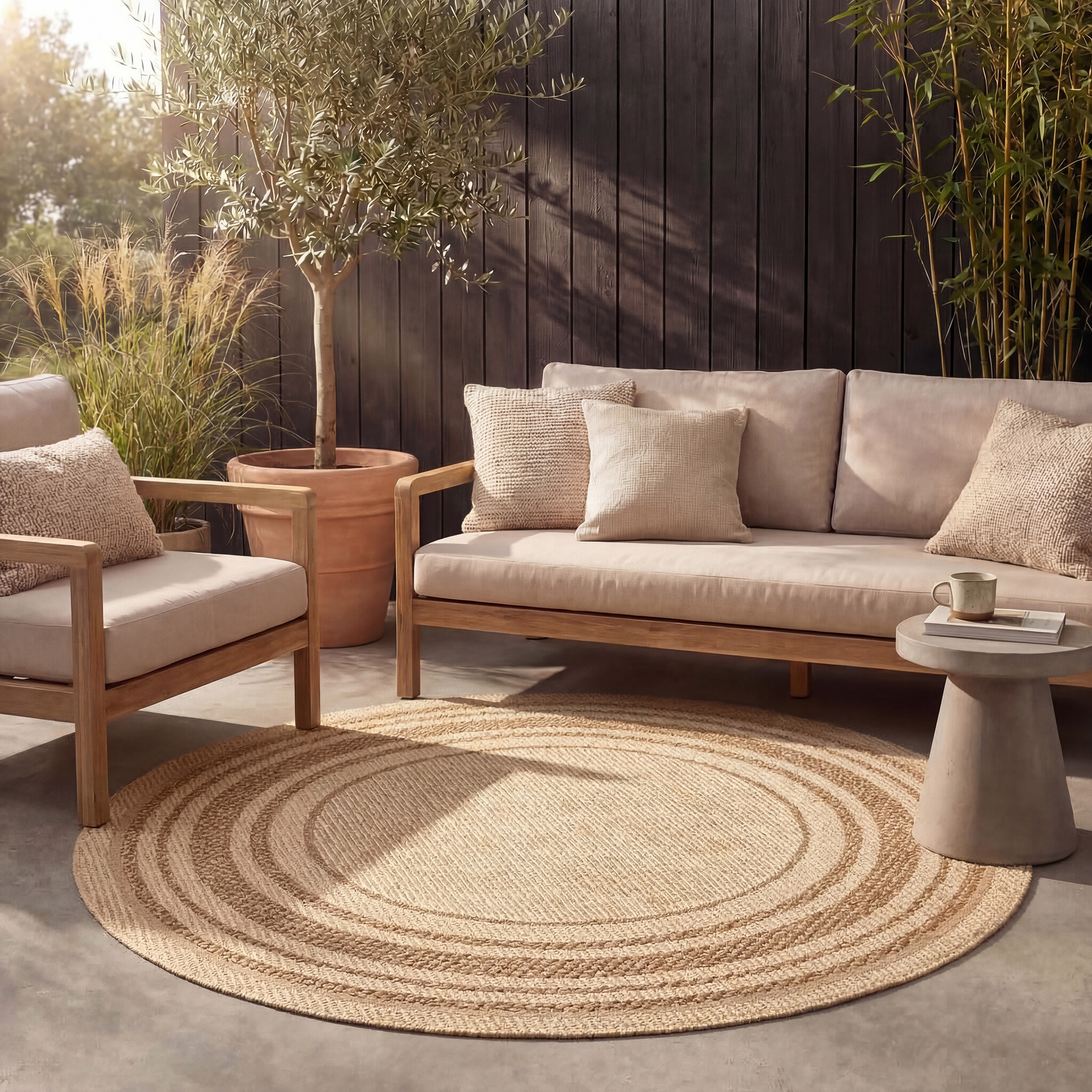 Rond jute buitenkleed - Mavi Border Creme/Bruin